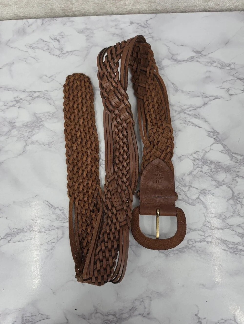 Vintage Y2K Wide Brown Leather Woven Braided Belt By New York Studio